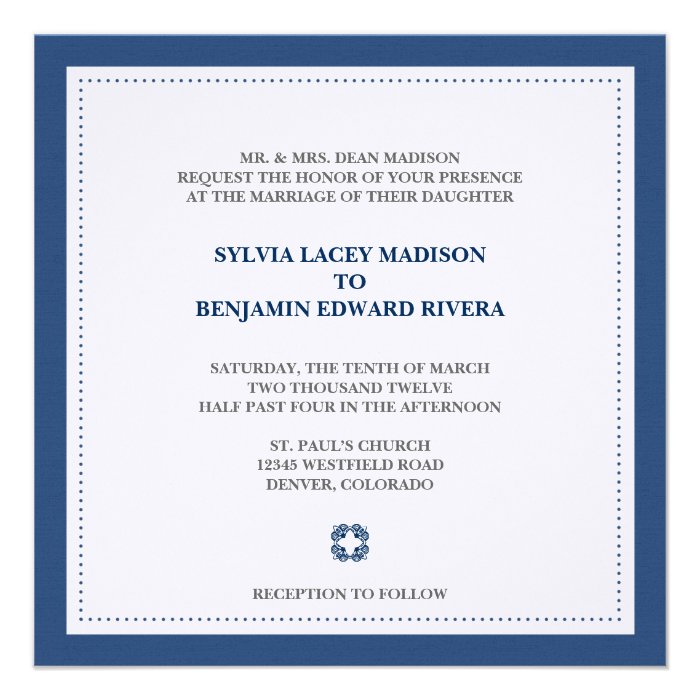 Navy border square traditional wedding invitation