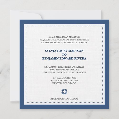 Navy border square traditional wedding invitation
