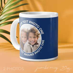 Navy Border with 2 Photos - Text around a Circle Giant Coffee Mug