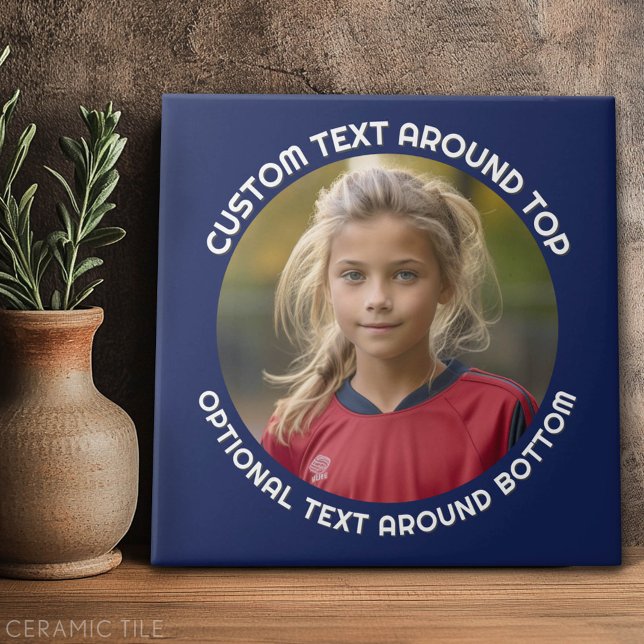 Navy Border with Photo and Text around a Circle Ceramic Tile (Custom Tile)