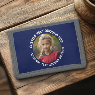 Navy Border with Photo and Text around a Circle Tri-fold Wallet