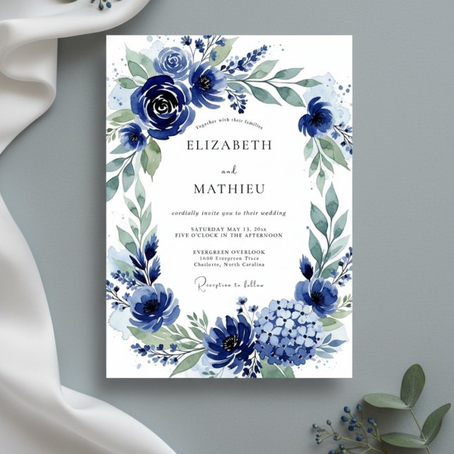Navy Botanical Bloom Wedding Invitation (Creator Uploaded)