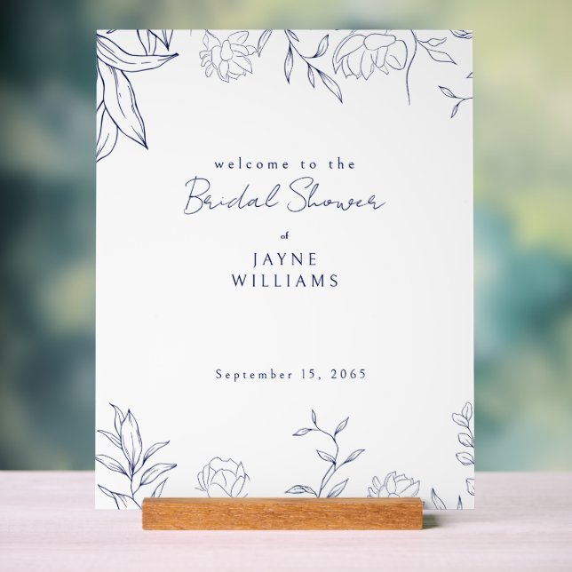 Navy Botanical Bridal Shower Acrylic Welcome Sign (Neutral)
