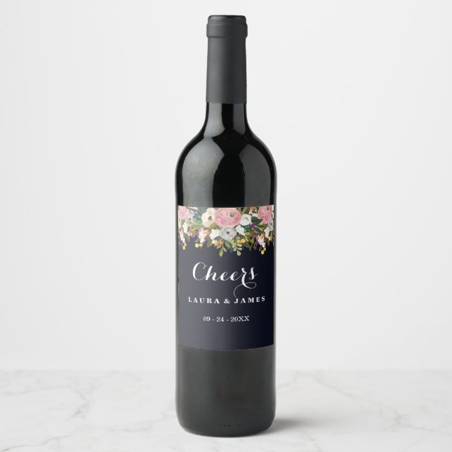 Navy Botanical Cheers Wedding Wine Label (Front)