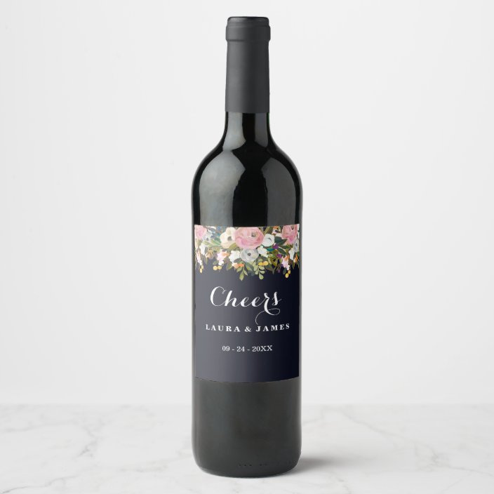 Navy Botanical Cheers Wedding Wine Label | Zazzle.com