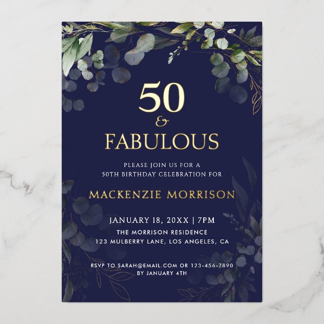 Navy Botanical Fifty and Fabulous Birthday Party Foil Invitation (Front)