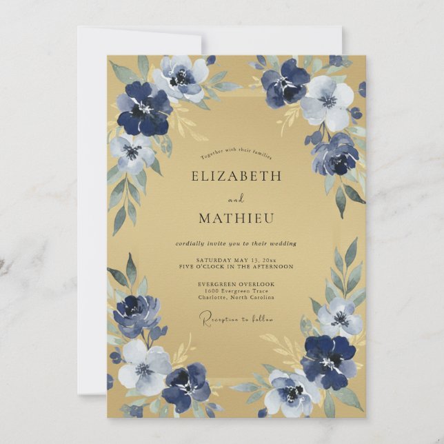 Navy Botanical Flourish Wedding Invitation (Front)