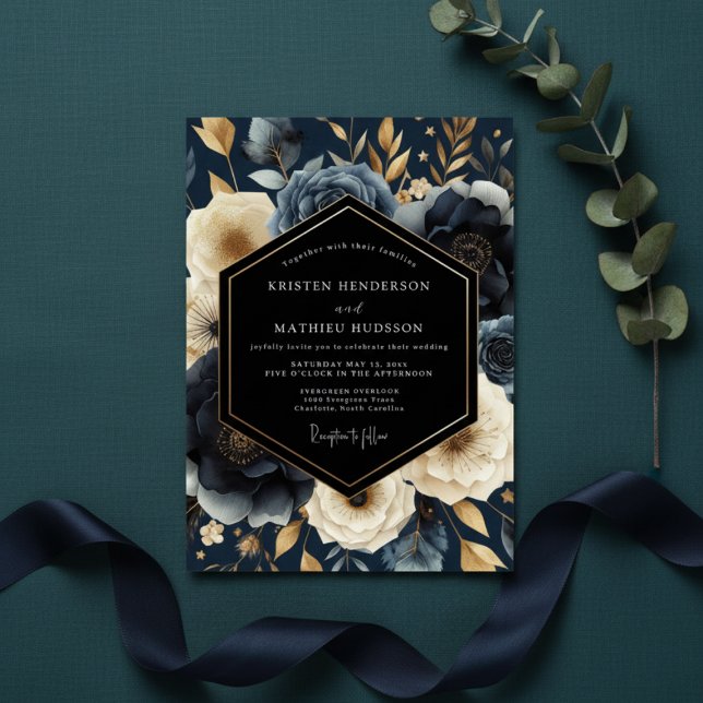 Navy Botanical Opulent Wedding Invitation (Creator Uploaded)