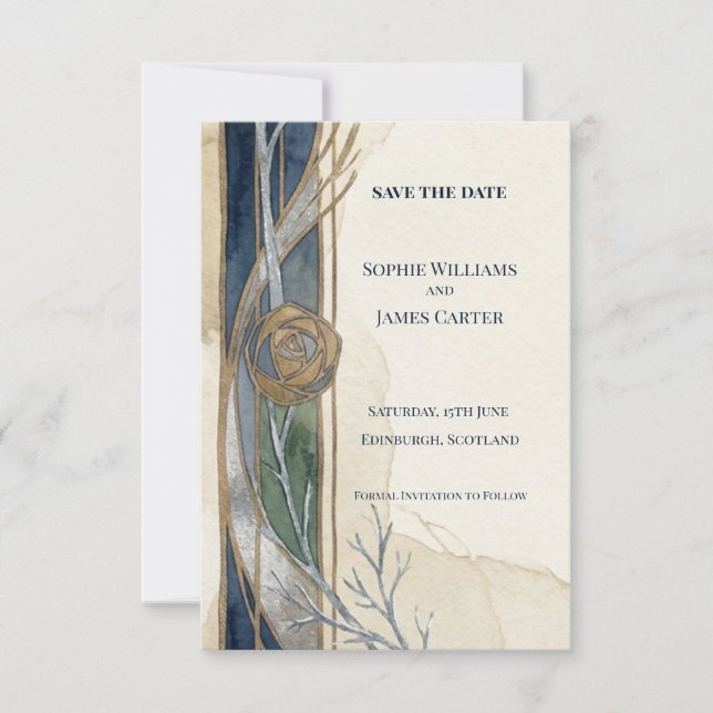 Navy Botanical Save The Date Card (Front)