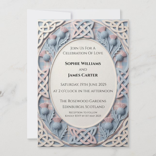 Navy Botanical Scroll Wedding Invitation (Front)