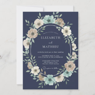 Navy Botanical Wreath Wedding Invitation