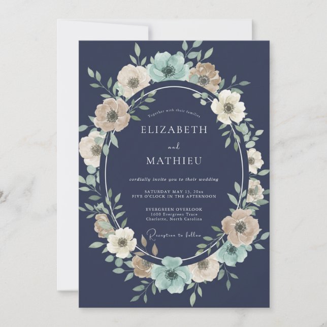 Navy Botanical Wreath Wedding Invitation (Front)