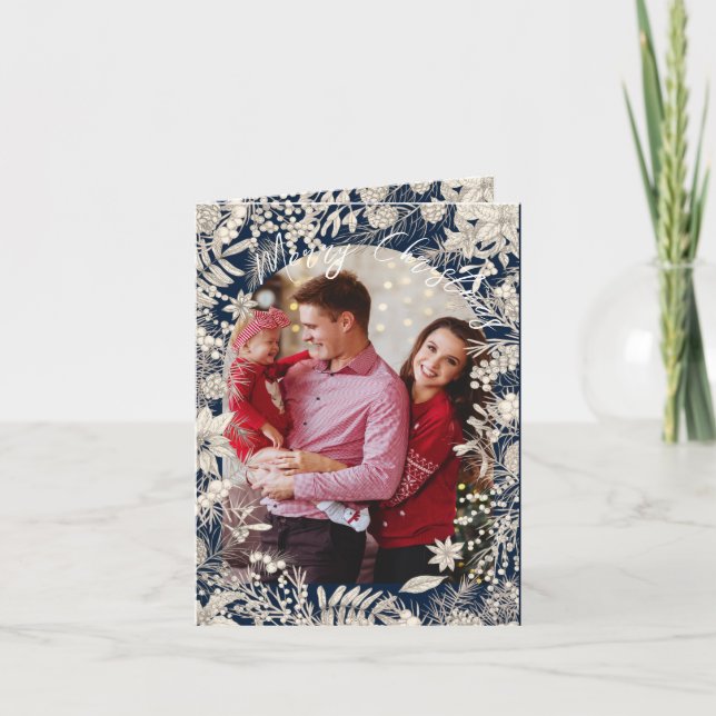 Navy Botanicals Floral 1 photo Arch Christmas Holiday Card (Front)