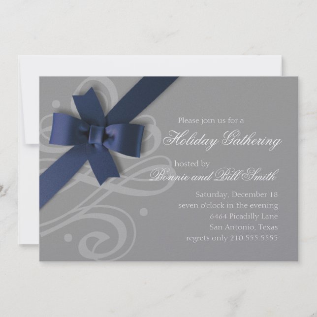 Navy Bow Any Color Background Holiday Invitation (Front)