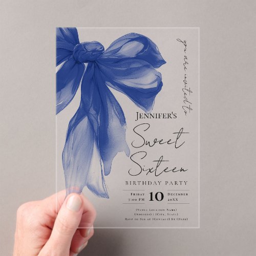 Navy Bow Coquette Script Sweet 16 Party