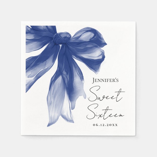 Navy Bow Coquette Script Sweet 16 Party  Napkins (Front)