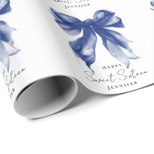 Navy Bow Coquette Script Sweet 16 Party Wrapping Paper
