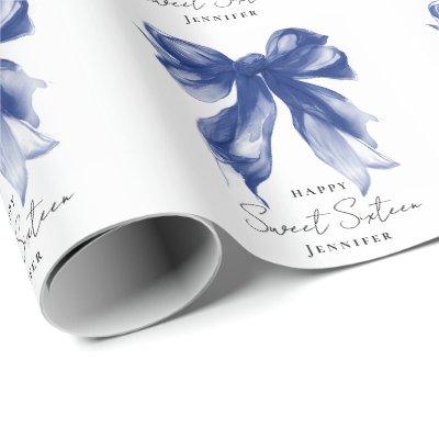 Navy Bow Coquette Script Sweet 16 Party  Wrapping Paper