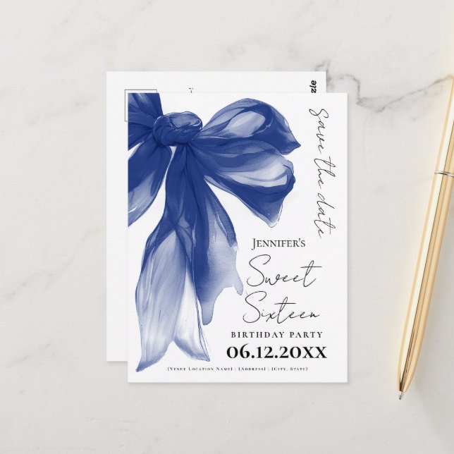 Navy Bow Coquette Sweet 16 Save the Date  Postcard (Front/Back In Situ)
