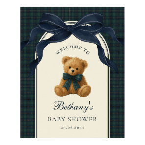 Navy Bow Vintage Teddy Bear Baby Shower Welcome Poster