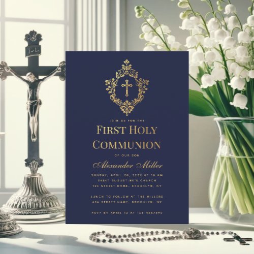 Navy Boy First Communion Faux Gold Cross in Crest  Invitation