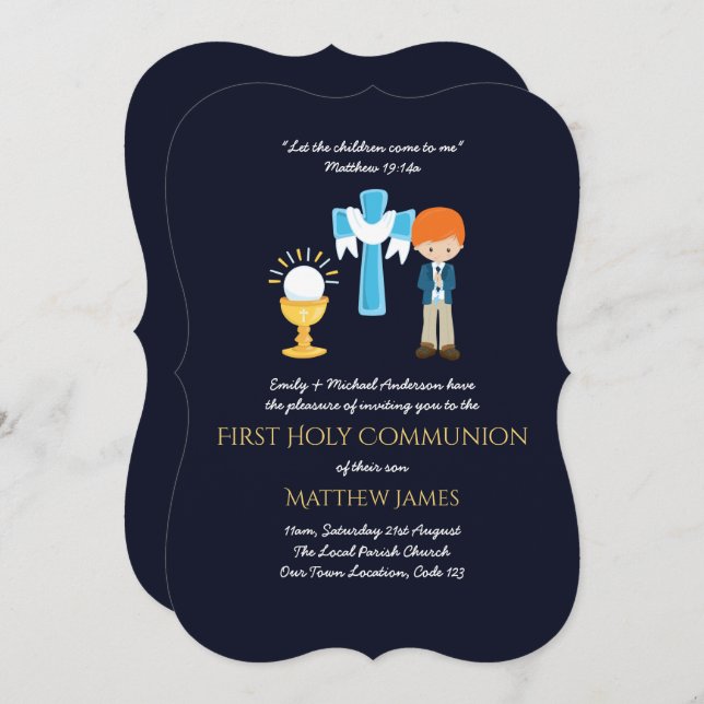 Navy BOYS First Holy Communion Invitations (Front/Back)