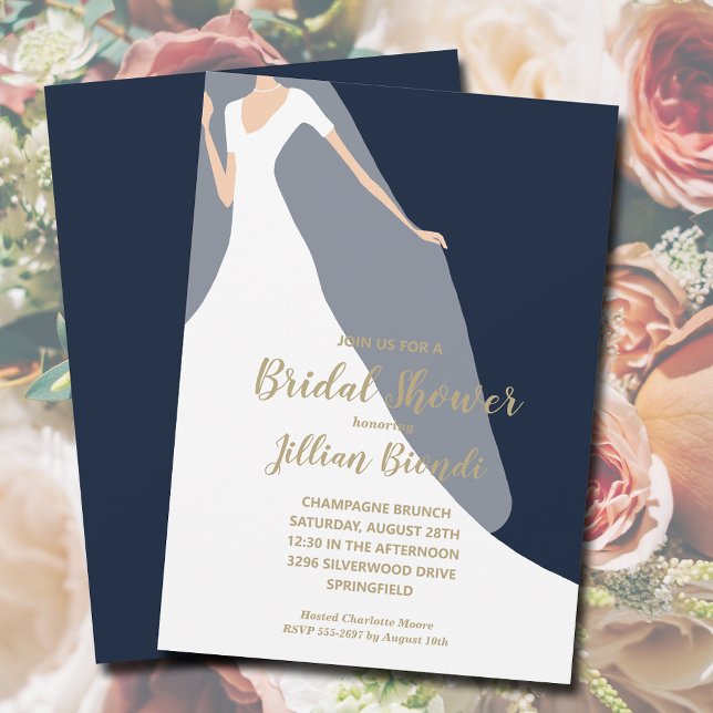 Navy Bridal Shower Invitations Dress and Veil (Creator Uploaded)