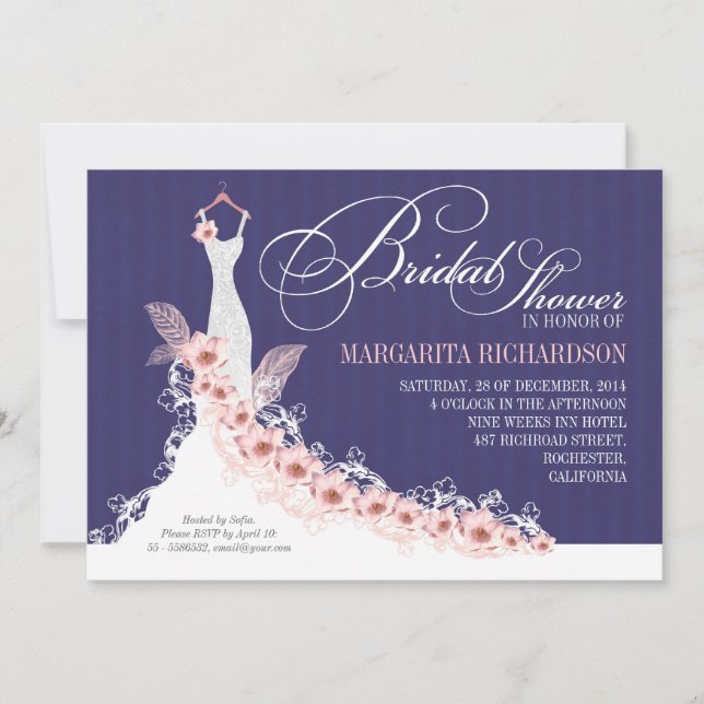 navy bridal shower invitations with wedding dress (Front)