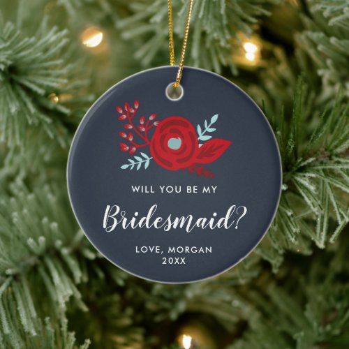 Navy Bridesmaid Proposal Personalized Red Rose Ceramic Ornament