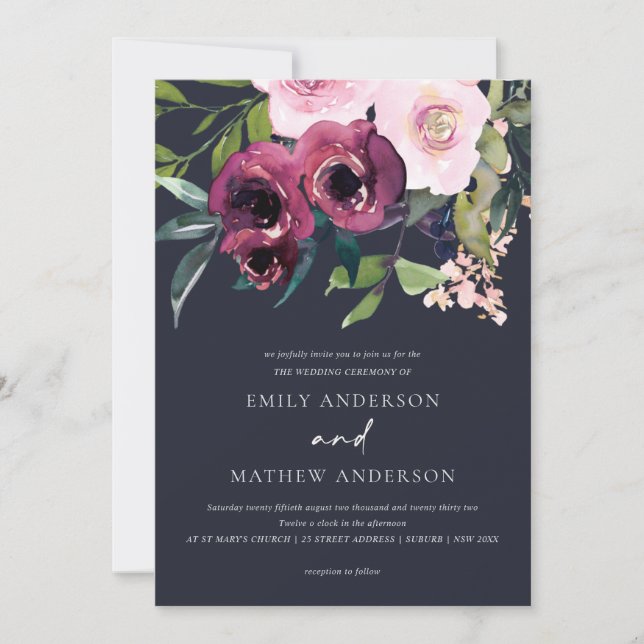 NAVY BRIGHT BLUSH BURGUNDY FLORAL BUNCH WEDDING INVITATION (Front)