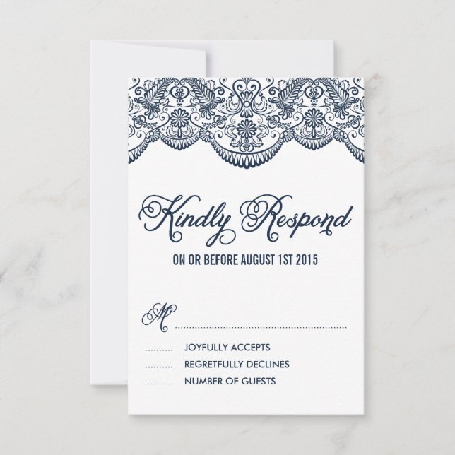Navy Brocade Lace Wedding RSVP Card (Front)