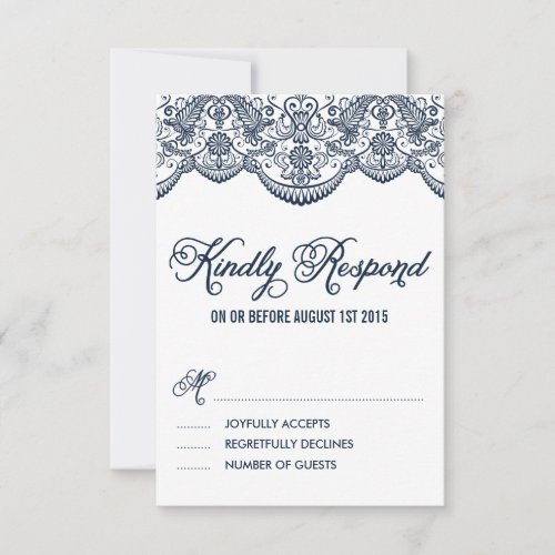 Navy Brocade Lace Wedding RSVP Card
