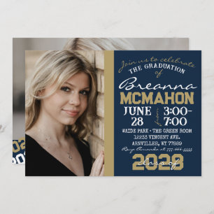 Navy & Bronze Gold Graduation 2 Photo Invitation