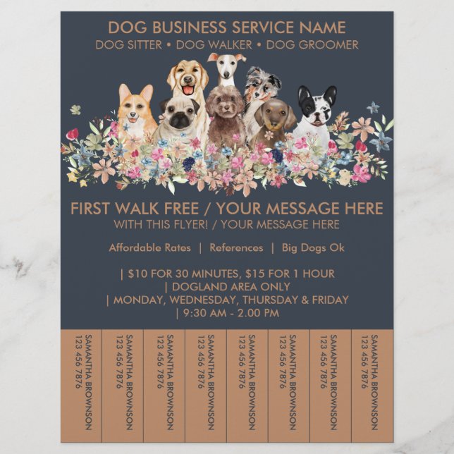 Navy Brown Breeds Dog Walker Budget Tickets Flyer (Front)