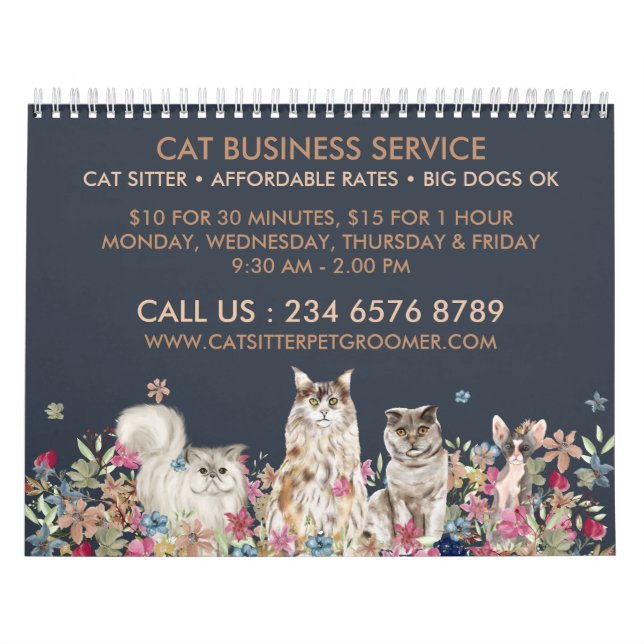 Navy Brown Cat Sitter Pet Groomer Calendar (Cover)