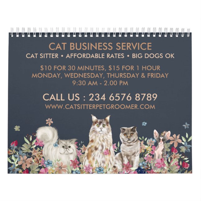 Navy Brown Cat Sitter Pet Groomer Calendar