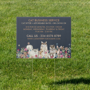 Navy Brown Cat Sitter Service Pet Groomer Sign