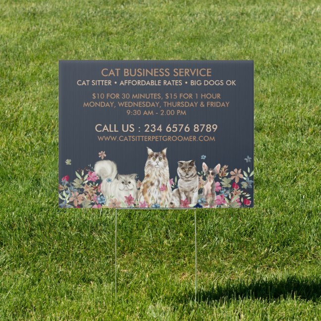 Navy Brown Cat Sitter Service Pet Groomer Sign