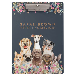 Navy Brown Cute Dog Groomer Small Business flowers Clipboard