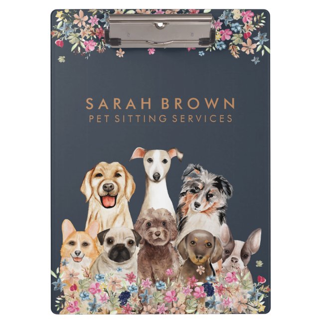 Navy Brown Cute Dog Groomer Small Business flowers Clipboard