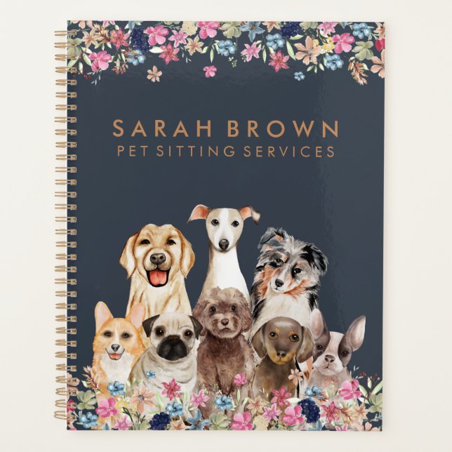 Navy Brown Cute Dog Groomer Small Business Planner (Front)