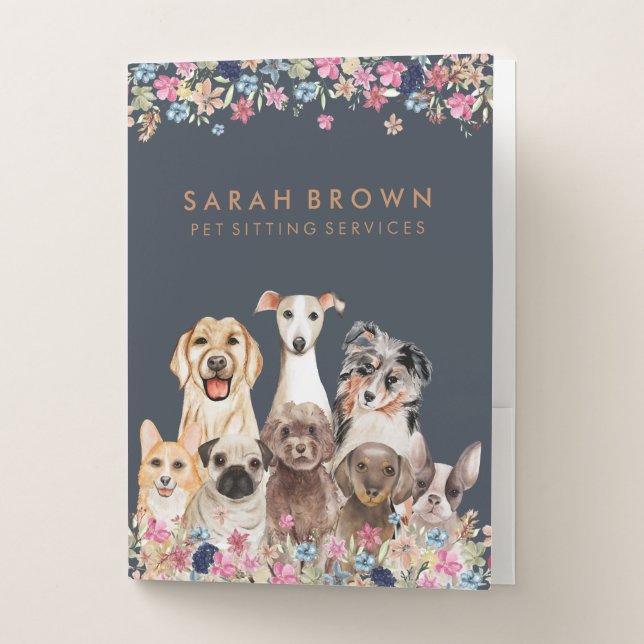 Navy Brown Cute Dog Groomer Small Salon Office Pocket Folder (Front)