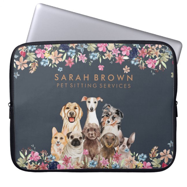 Navy Brown Cute Dog Pet Flower Laptop Sleeve