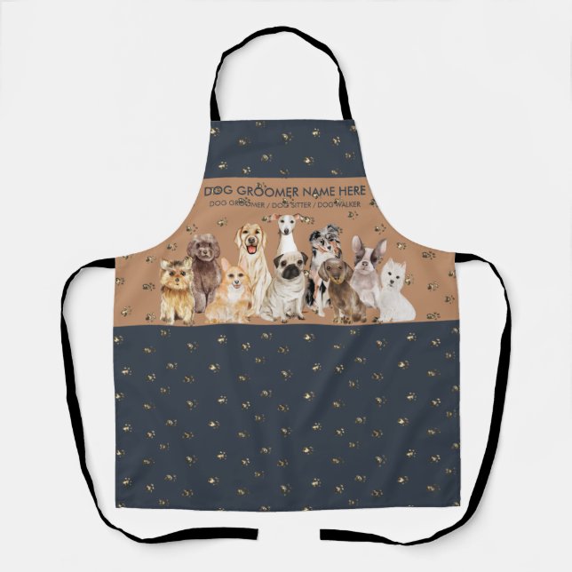 Navy Brown Cute Pet Sitter Dog Groomer Apron (Front)