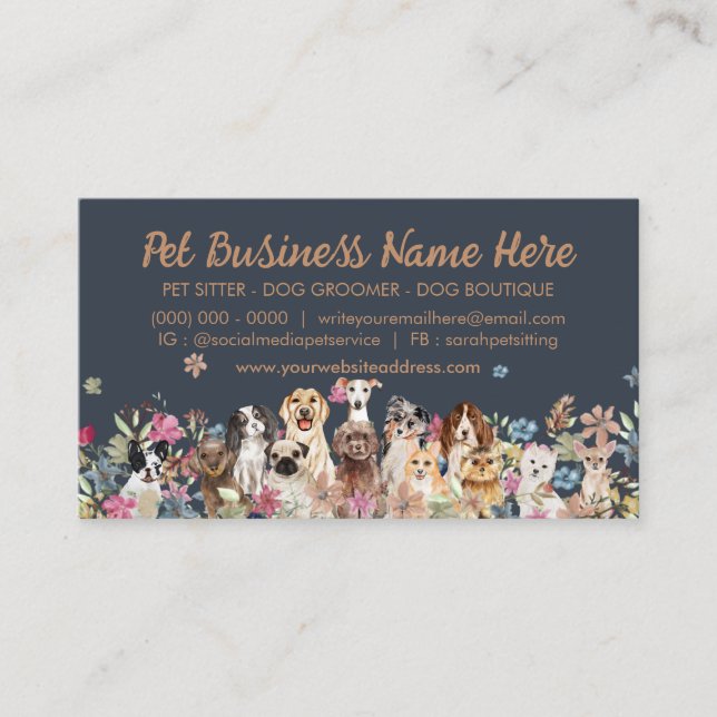 Navy Brown Cute Puppies Dogs Business Card (Front)