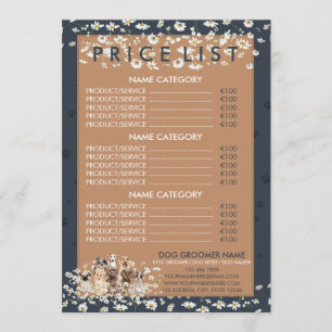 Navy Brown Daisy Flower Dog Groomer Price List Menu
