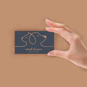 Navy Brown Dog Cat Pet Linear Logo Business Card