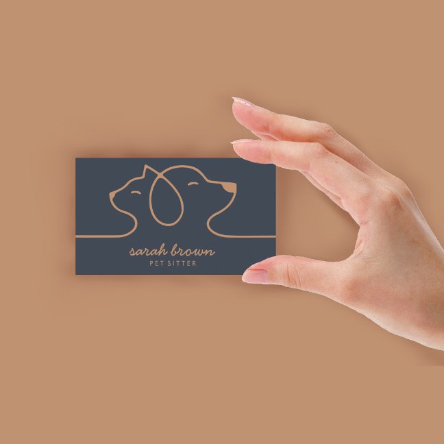 Navy Brown Dog Cat Pet Linear Logo Business Card