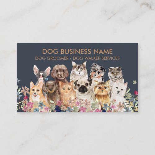 Navy Brown Dogs Cats Breeds Drawing Business Card
