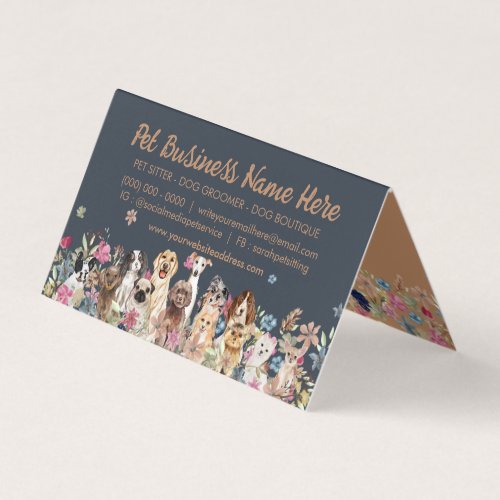 Navy Brown Floral Dog Walker Pet Groom Salon Vet Business Card